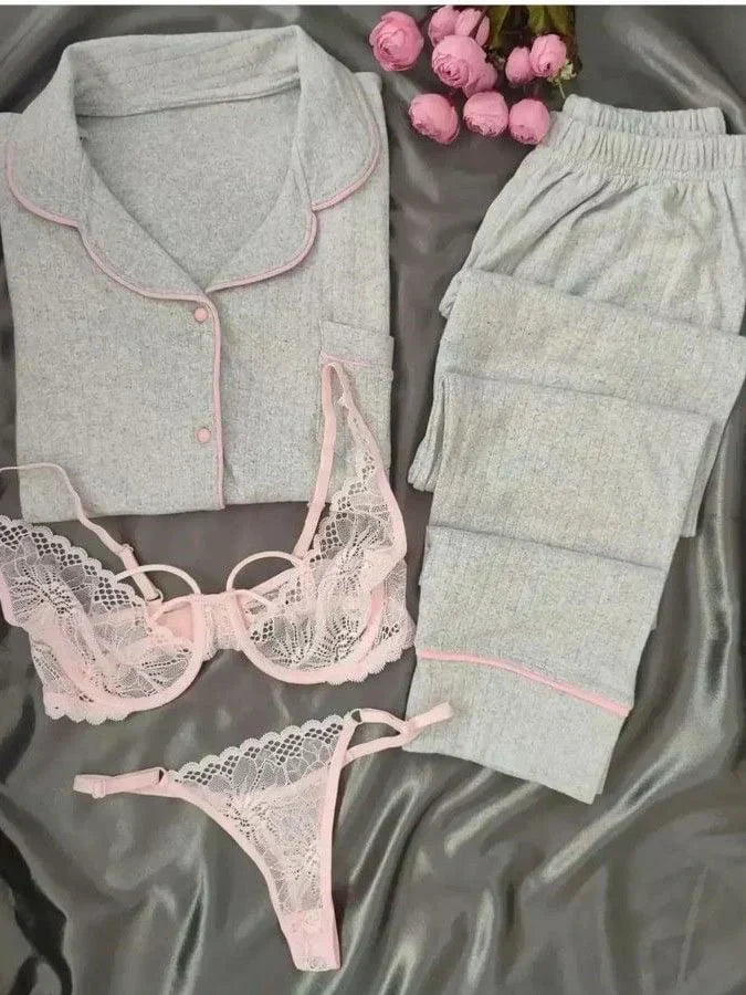 Chic Grey Women’s Nightwear Combo – Comfortable Night Suit with Matching Bra & Panty Set ( Fine Attire Official )