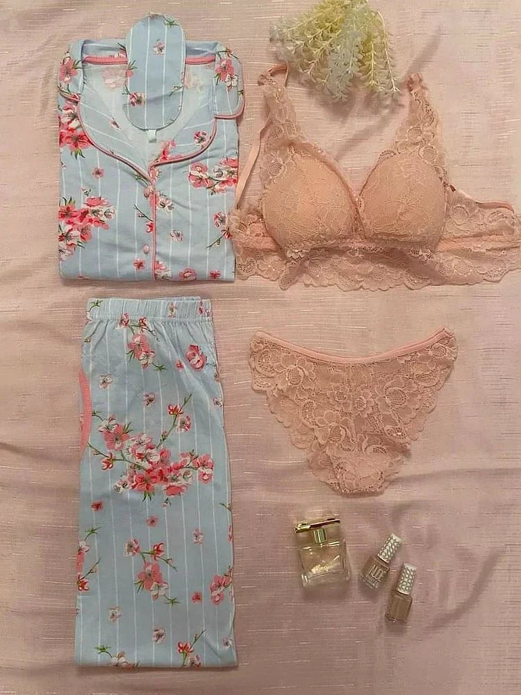 Comfort Ease Women’s Nightwear Combo – Soft Night Suit with Matching Bra & Panty Set ( Fine Attire Official )
